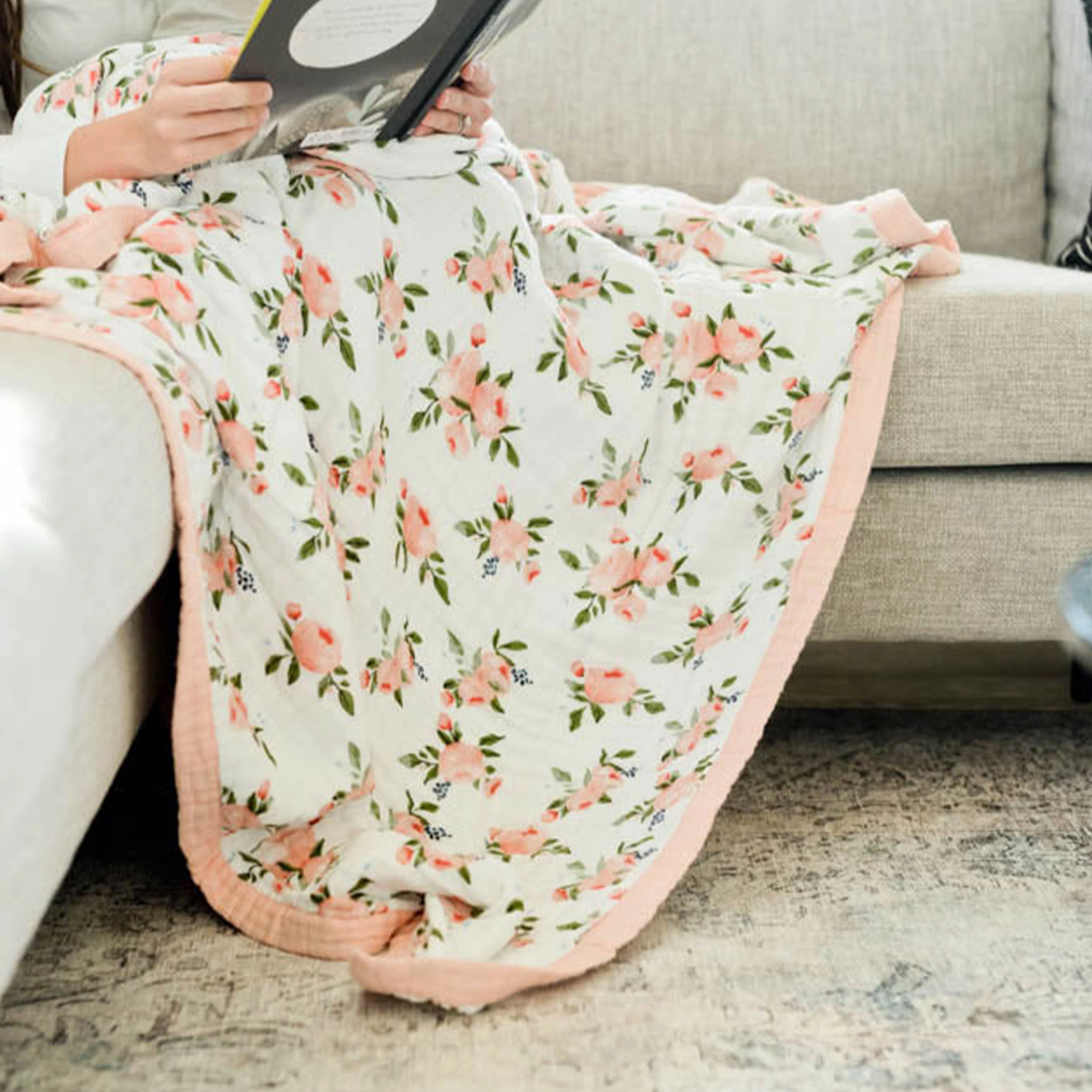 Cotton Muslin Quilted Throw - Watercolor Roses - Image 6