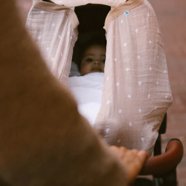 Cotton Muslin Car Seat Canopy - Taupe Cross - Image 5