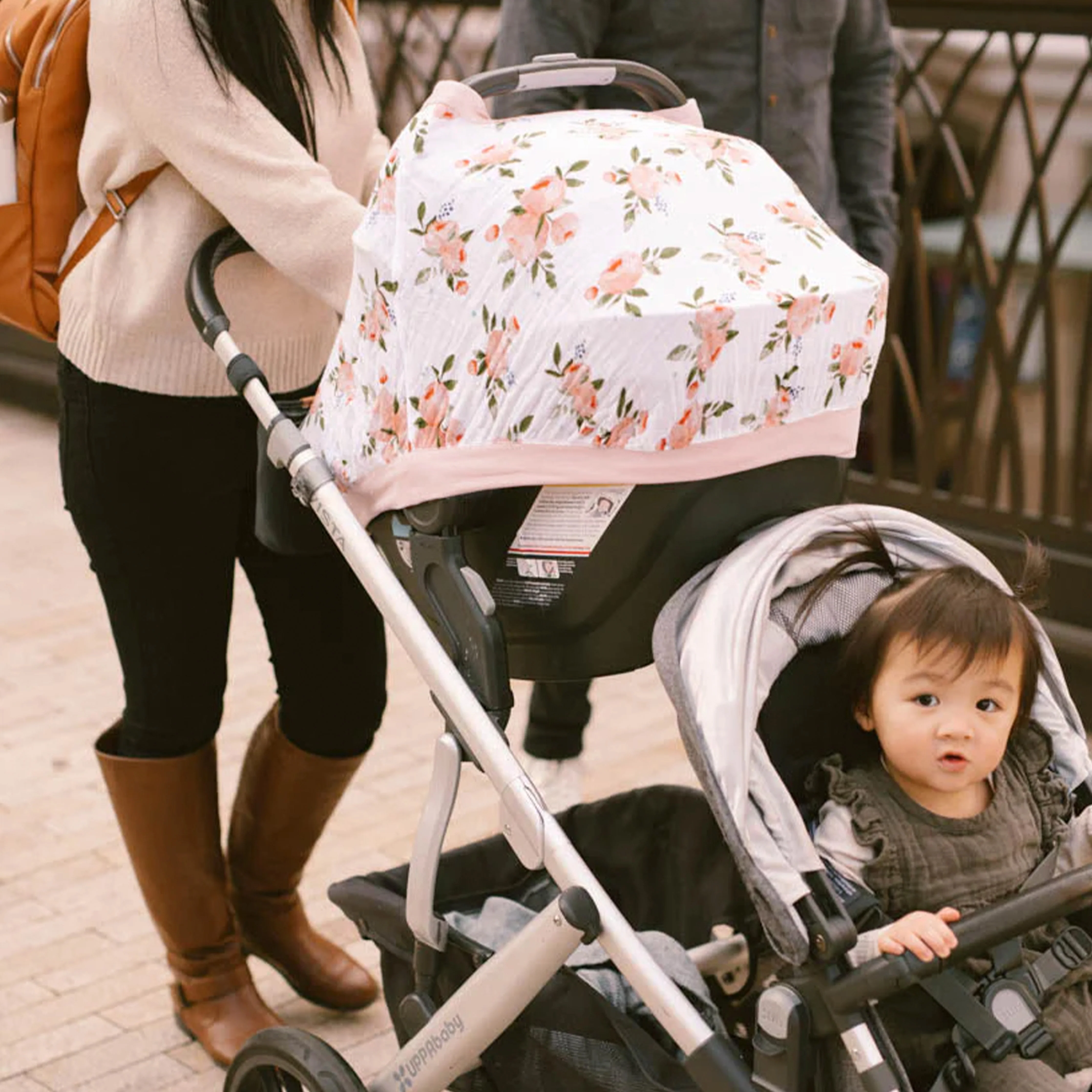 Cotton Muslin Car Seat Canopy - Watercolor Roses - Image 4