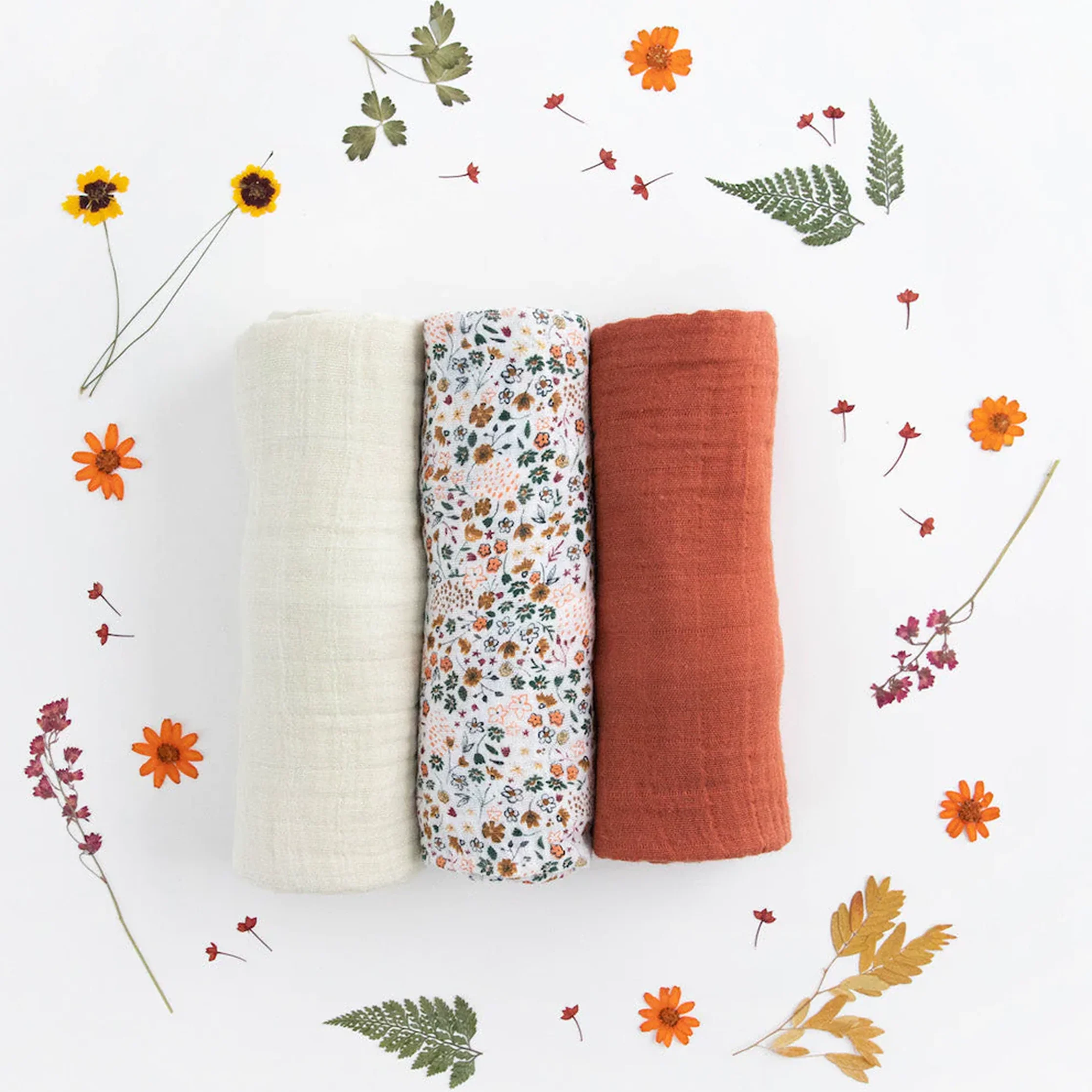 Cotton Muslin Swaddle Blanket 3 Pack - Pressed Petals - Image 12