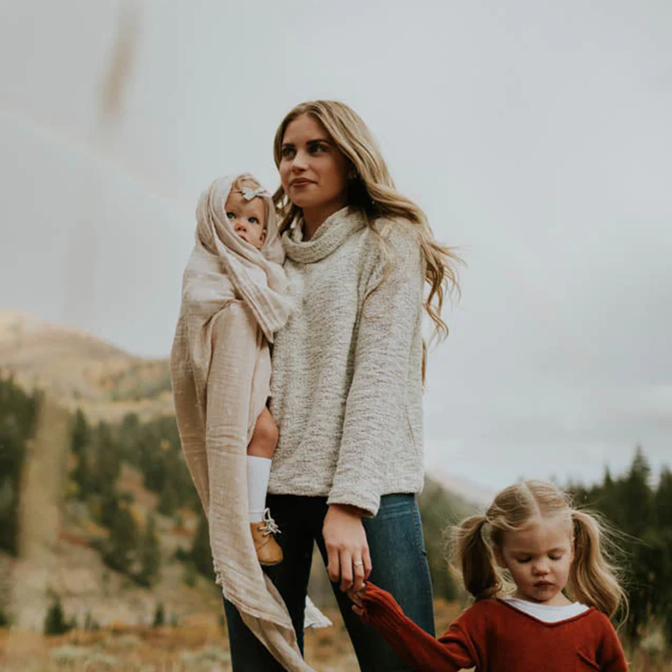 Cotton Muslin Swaddle Blanket - Taupe Cross - Image 6