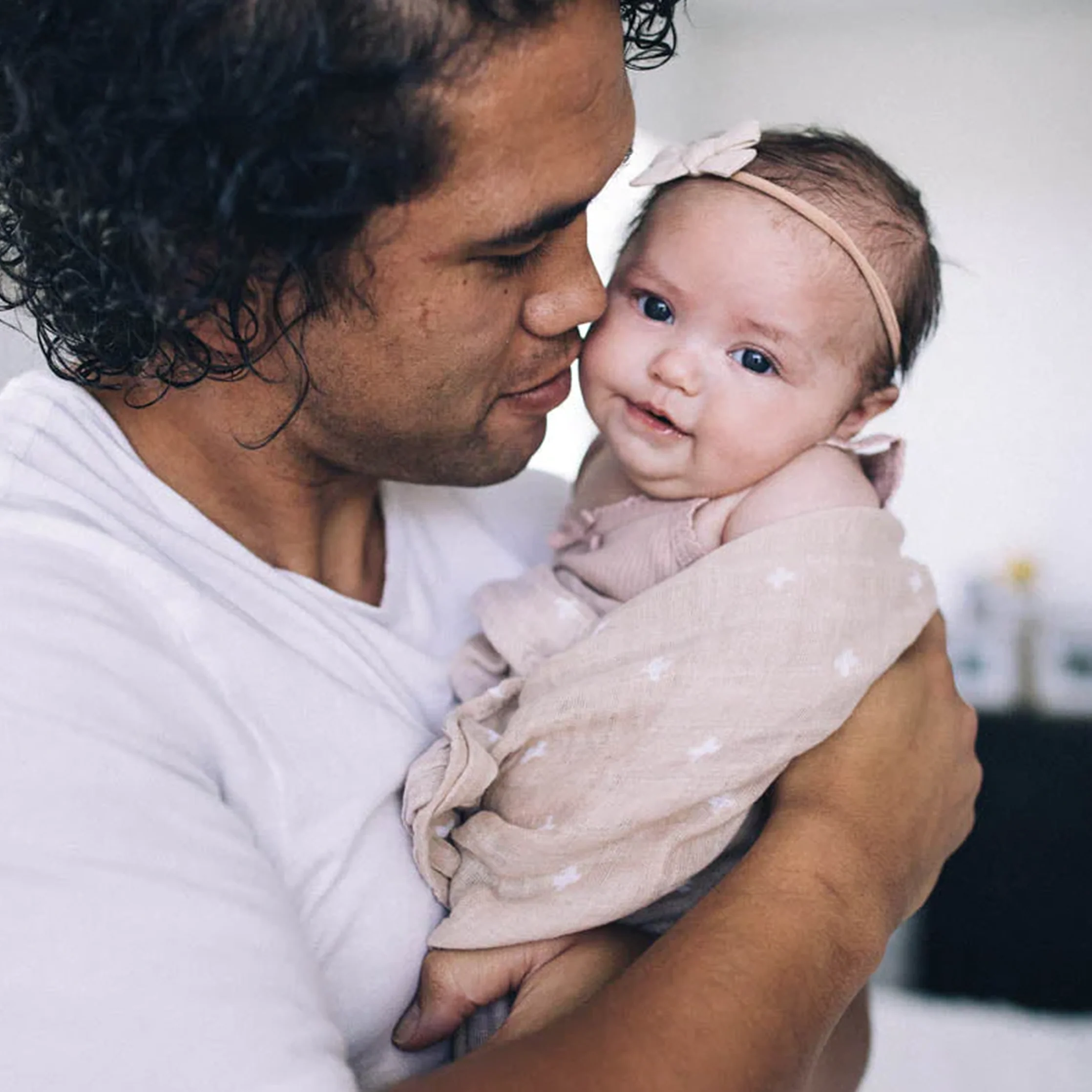 Cotton Muslin Swaddle Blanket - Taupe Cross - Image 8