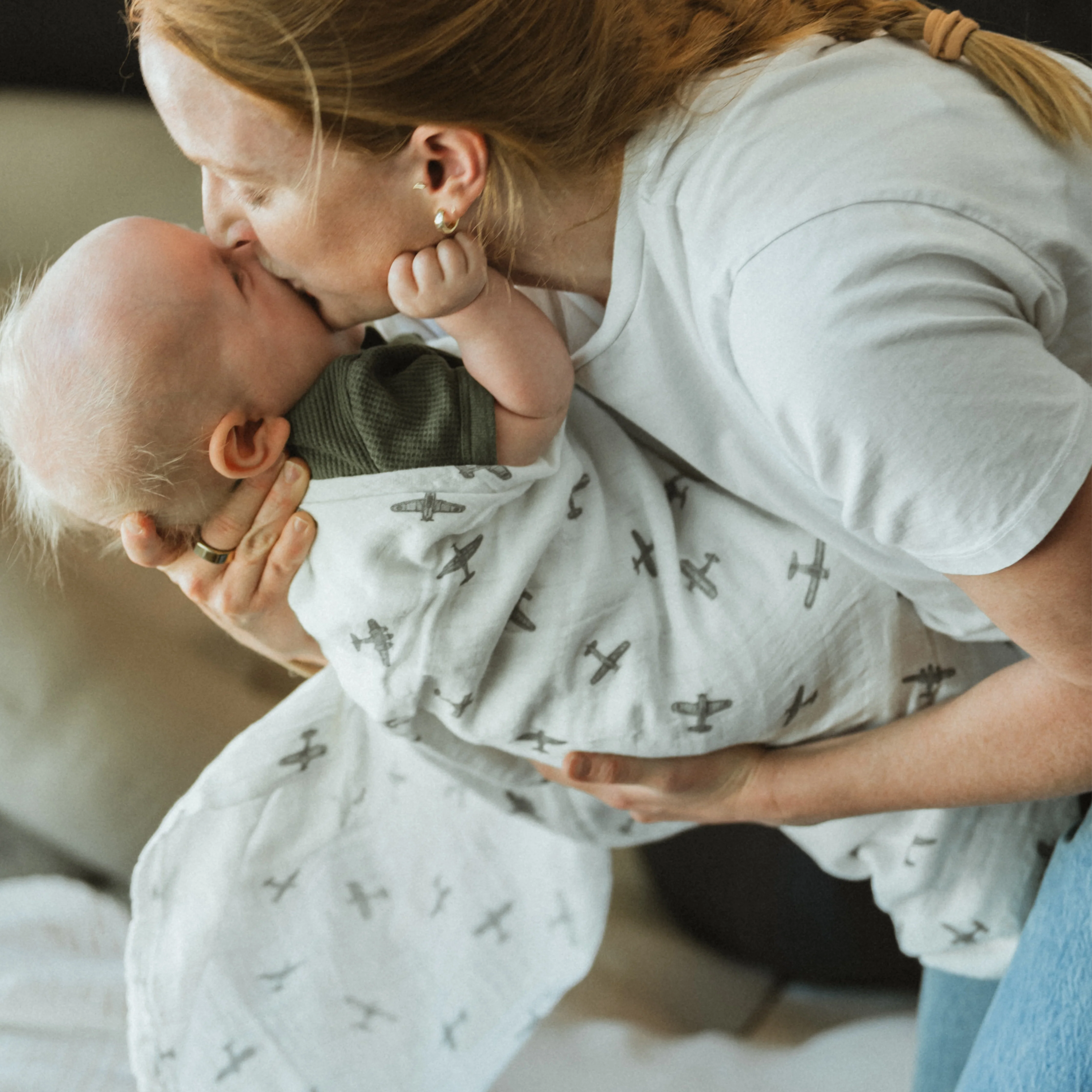 Organic Cotton Muslin Swaddle Blanket 2 Pack - Pewter Planes - Image 7