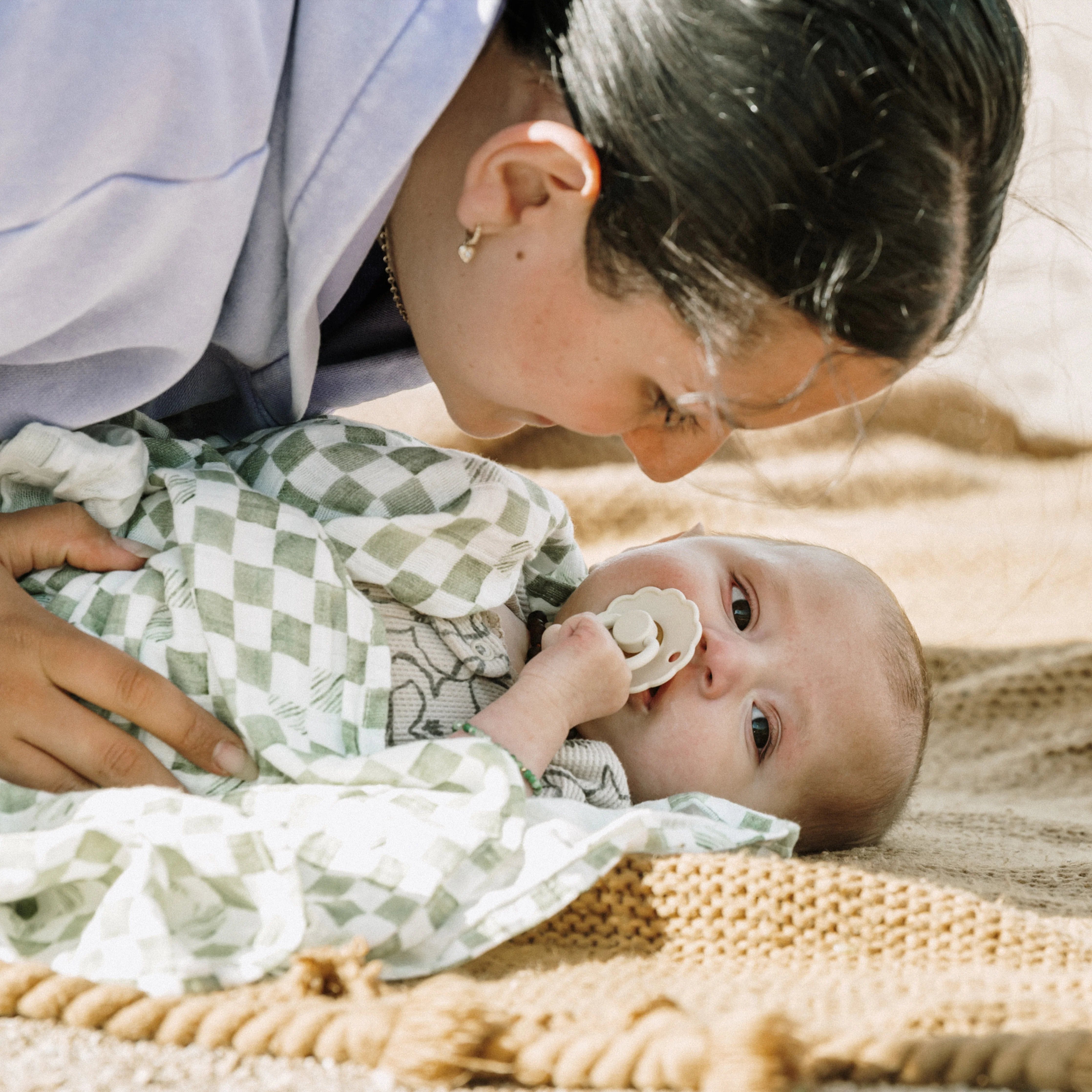 Organic Cotton Muslin Swaddle Blanket - Green Checker - Image 5