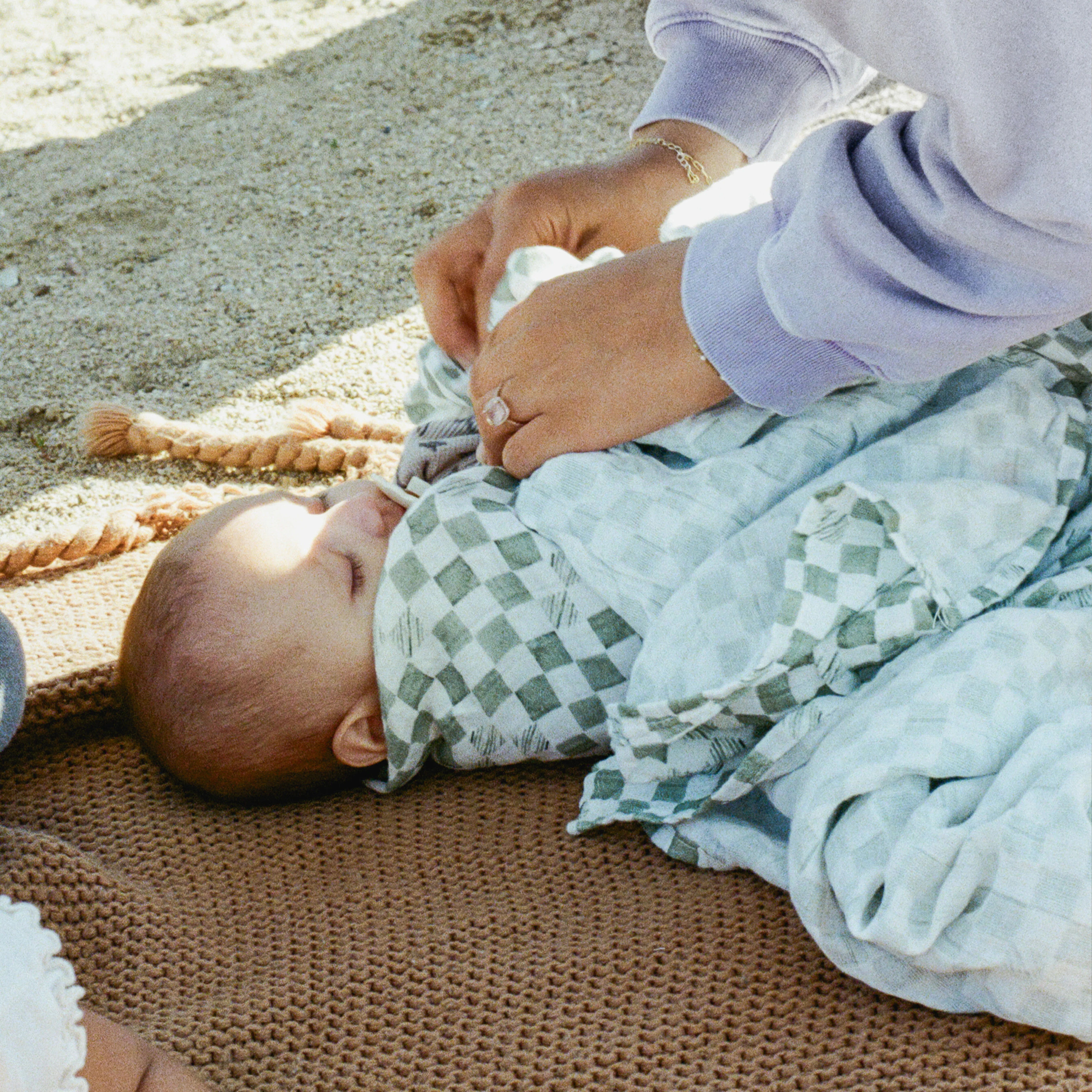Organic Cotton Muslin Swaddle Blanket - Green Checker - Image 7