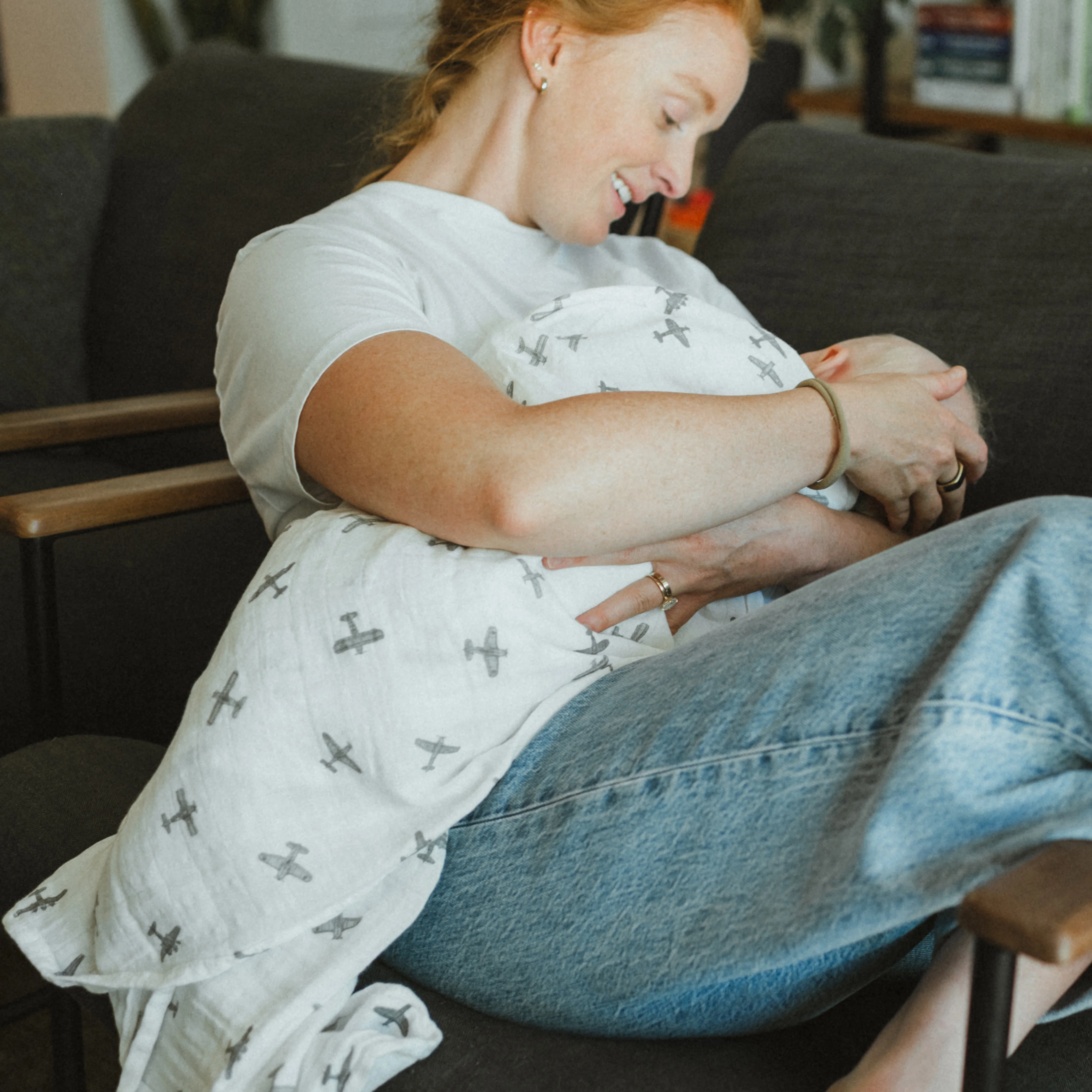 Organic Cotton Muslin Swaddle Blanket - Pewter Planes - Image 6