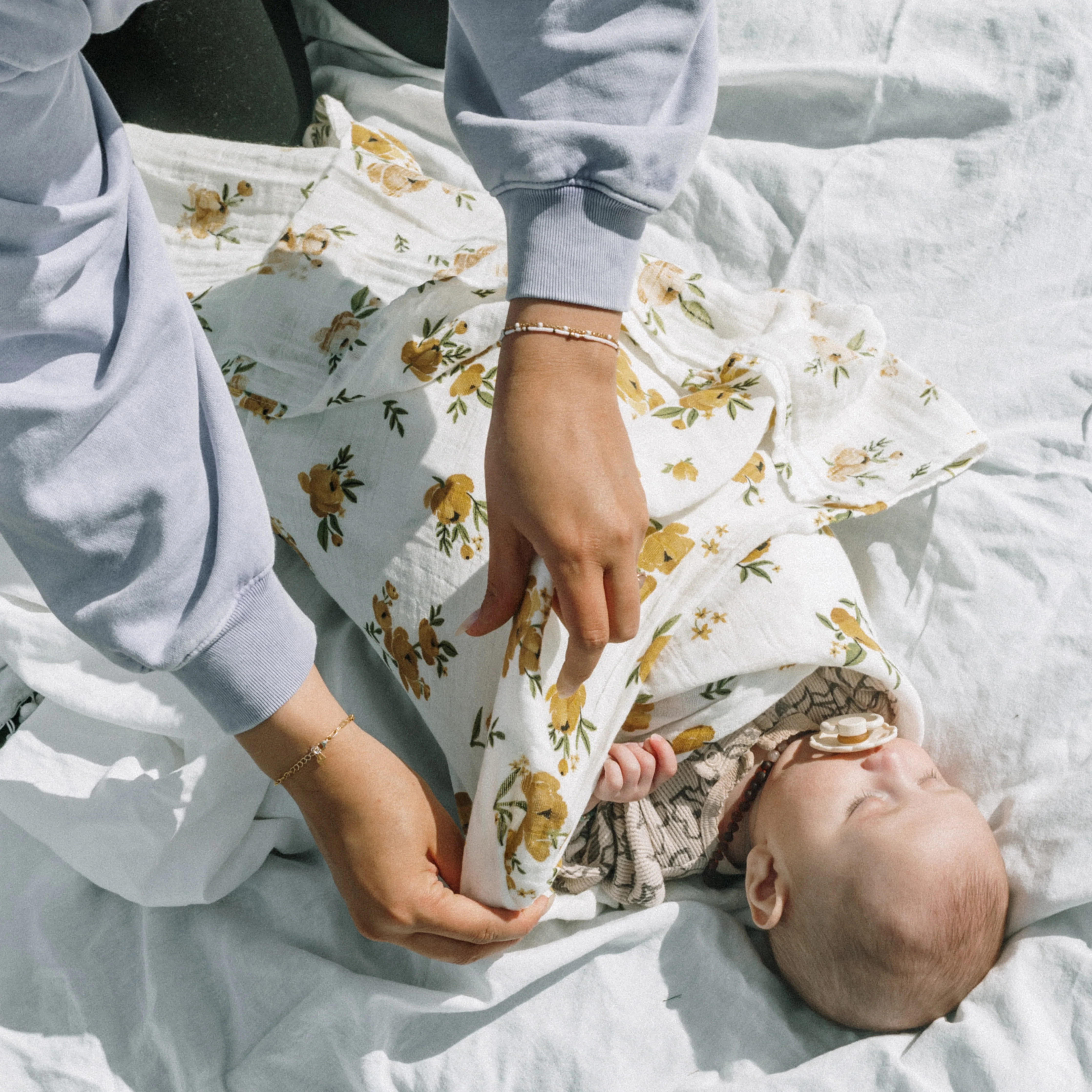 Organic Cotton Muslin Swaddle Blanket - Yellow Roses - Image 5